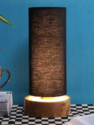 Devansh Black cotton shade with Round wood Base Table Lamp(31 cm, Black)