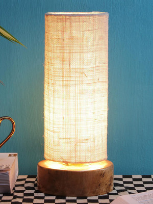 Devansh White Jute shade with Round wood Base Table Lamp(31 cm, White)
