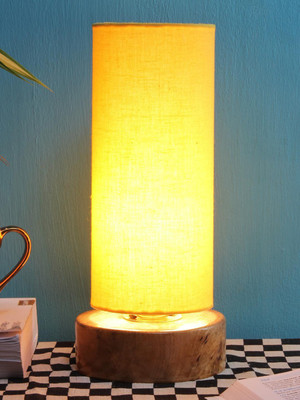 Devansh Yellow cotton shade with Round wood Base Table Lamp(31 cm, Yellow)