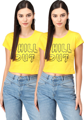 Fit N Fame Printed Women Round Neck Yellow T-Shirt