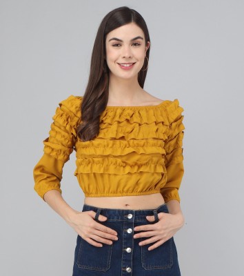 SHACADES Casual 3/4 Sleeve Solid Women Yellow Top