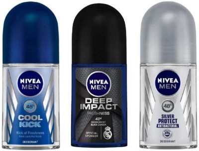 NIVEA Deodorant Roll-On Combo , Cool Kick , Deep Impact , Silver Protect 50 Ml Each Deodorant Roll-on  -  For Men(150 ml, Pack of 3)