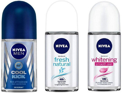 NIVEA Deodorant Roll-On Combo , Cool Kick , Fresh Natural , Whitening Smooth Skin , 50 Ml Each Deodorant Roll-on  -  For Men & Women(150 ml, Pack of 3)