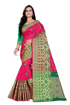 Hensi sarees shop Self Design, Temple Border, Woven, Animal Print, Solid/Plain Kanjivaram Silk Blend, Cotton Linen Saree(Pink)