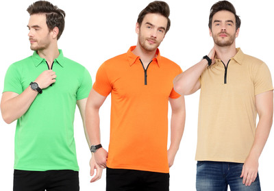 Adorbs Solid Men Polo Neck Light Blue, Orange, Beige T-Shirt