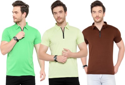 Moordale Solid Men Polo Neck Green, Brown, Light Green T-Shirt