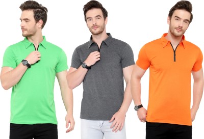 Moordale Solid Men Polo Neck Green, Orange, Grey T-Shirt