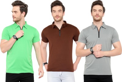 Adorbs Solid Men Polo Neck Green, Brown, Grey T-Shirt