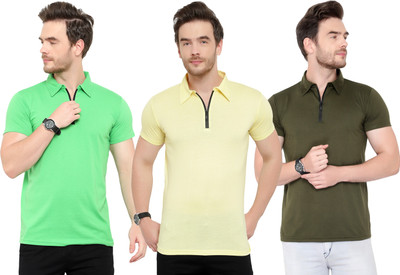 Adorbs Solid Men Polo Neck Green, Yellow T-Shirt