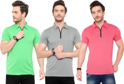 Moordale Solid Men Polo Neck Green, Pink, Grey T-Shirt