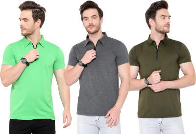 Tivy Solid Men Polo Neck Green, Grey T-Shirt