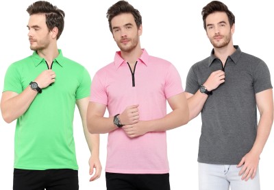 Moordale Solid Men Polo Neck Green, Pink, Grey T-Shirt