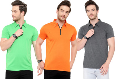 Adorbs Solid Men Polo Neck Green, Orange, Grey T-Shirt