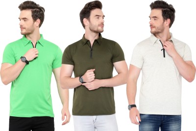 Adorbs Solid Men Polo Neck Dark Green, Green, Grey T-Shirt