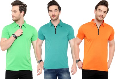 Adorbs Solid Men Polo Neck Light Green, Green, Orange T-Shirt