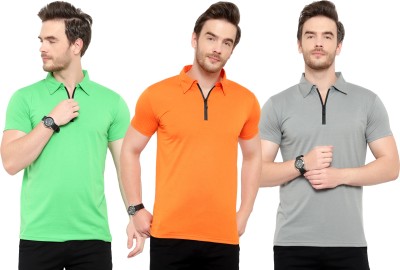 Moordale Solid Men Polo Neck Green, Orange, Grey T-Shirt