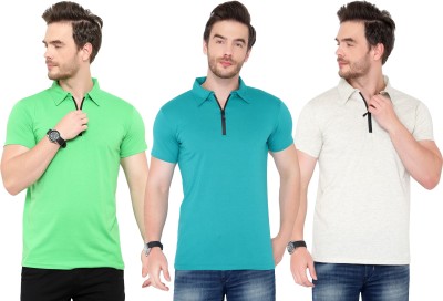 Tivy Solid Men Polo Neck Light Blue, Green, Grey T-Shirt