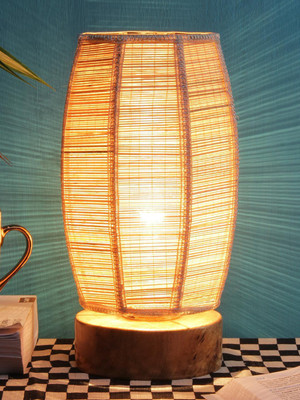Devansh Dholak Bamboo Shade with Round Wood Base Table Lamp(31 cm, Beige)
