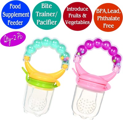 The Little Lookers BPA Free Food Grade Plastic Food Nibbler with Rattle Handle |Fruit/ Food Feeder/Pacifier/ Nibbler with Silicone Mesh/ Soother for Babies/ Kids/ Toddlers (Green & Purple, Pack of 2) Teether and Feeder(Green & Purple)