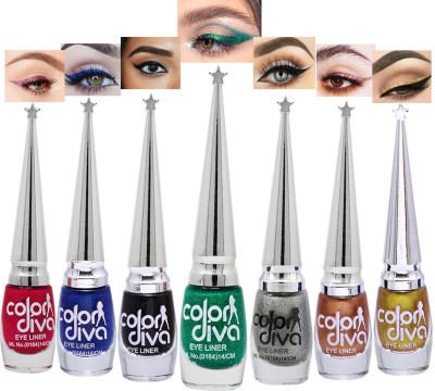 Color Diva Eye Liner, Water Resistant, Long-Lasting, Pink, Blue, Black, Green, Grey, Copper, Gold, Shade-101K|G|S|L|M|I|N, Each 6 ml(Multicolor1)