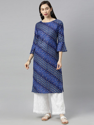 Blissta Women Printed Straight Kurta(Blue)