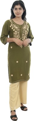 club fashion Women Chikan Embroidery Straight Kurta(Green)