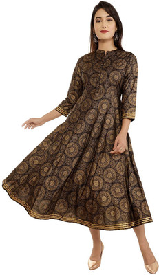 PINK WISH Women Abstract Flared Kurta(Brown)