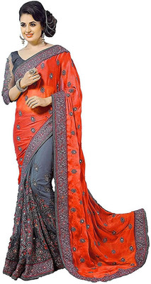 SLAVIA CREATION Embroidered Bollywood Silk Blend Saree(Orange)