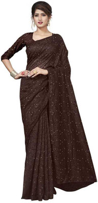 CARRYOX Solid/Plain Bollywood Net Saree(Brown)
