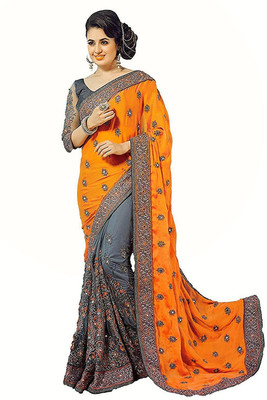 SLAVIA CREATION Embroidered Bollywood Silk Blend Saree(Mustard)