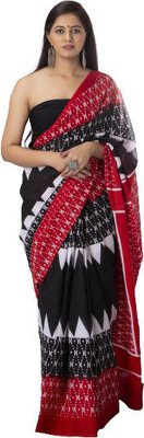 Clothonus Printed Ikkat Pure Cotton Saree(Red, Black)