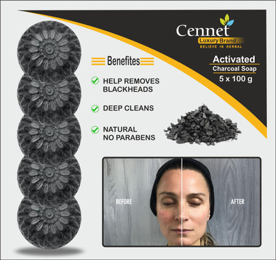 CENNET Activated Charcoal Soap For Men & Women Anti-Acne & Pimple, Blackheads, Skin Glow soap(5 x 100 g)