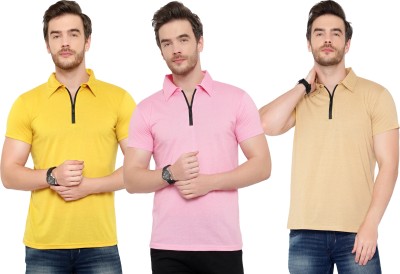 Adorbs Solid Men Polo Neck Pink, Beige, Yellow T-Shirt