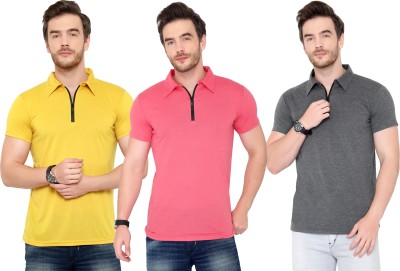 Tivy Solid Men Polo Neck Black, Pink, Yellow T-Shirt