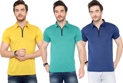 Adorbs Solid Men Polo Neck Dark Blue, Green, Yellow T-Shirt