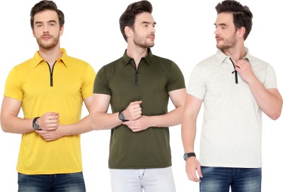 Adorbs Solid Men Polo Neck Dark Green, Grey, Yellow T-Shirt