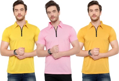 Tivy Solid Men Polo Neck Pink, Yellow T-Shirt