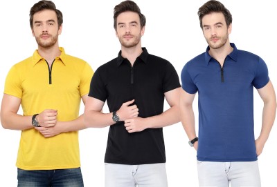 Adorbs Solid Men Polo Neck Blue, Black, Yellow T-Shirt