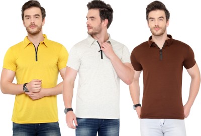 Tivy Solid Men Polo Neck White, Brown, Yellow T-Shirt