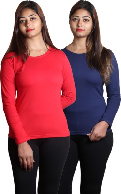 JOLSTER Solid Women Round Neck Red, Blue T-Shirt