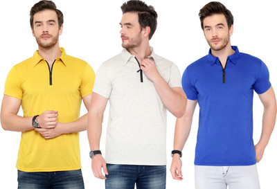 Adorbs Solid Men Polo Neck Blue, Grey, Yellow T-Shirt