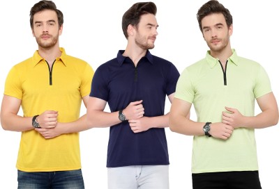 Tivy Solid Men Polo Neck Dark Blue, Yellow, Light Green T-Shirt