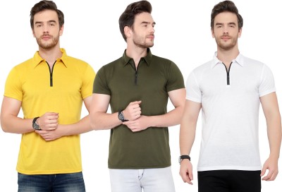 Adorbs Solid Men Polo Neck Dark Green, White, Yellow T-Shirt