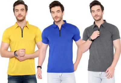 Adorbs Solid Men Polo Neck Blue, Grey, Yellow T-Shirt