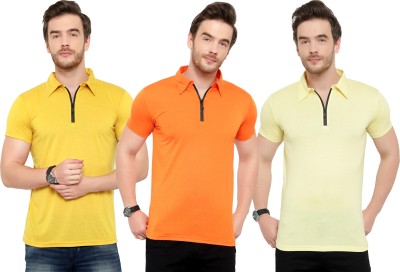 Tivy Solid Men Polo Neck Orange, Yellow T-Shirt