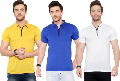 Adorbs Solid Men Polo Neck White, Blue, Yellow T-Shirt