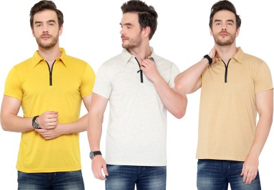 Adorbs Solid Men Polo Neck White, Beige, Yellow T-Shirt