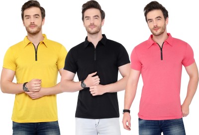 Tivy Solid Men Polo Neck Pink, Black, Yellow T-Shirt