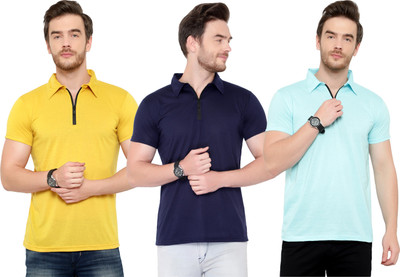 Tivy Solid Men Polo Neck Dark Blue, Light Blue, Yellow T-Shirt
