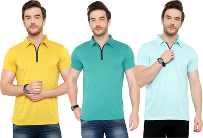 Tivy Solid Men Polo Neck Blue, Yellow T-Shirt